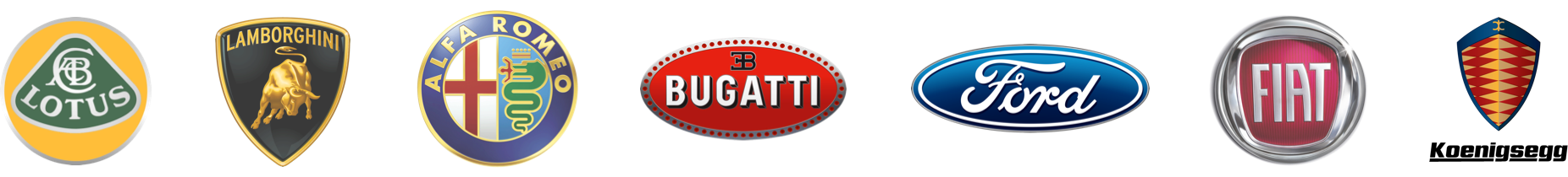 Various logotypes: Lotus, Lamborghini, Alfa Romeo, Bugatti, Ford, Fiat, Koenigsegg